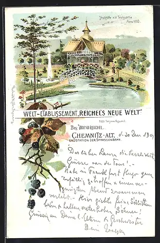 Lithographie Chemnitz, Welt-Etablissement Reichels Neue Welt, Bes. Bruno Reichel