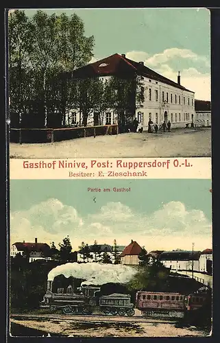 AK Ruppersdorf /O.-L., Gasthof Ninive, Bes. E. Zieschank, Dampfzug
