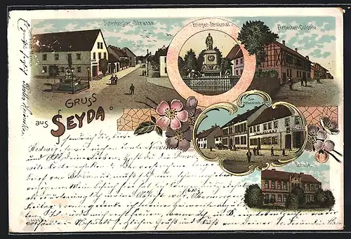 Lithographie Seyda, Gasthäuser zum roten Hirsch und Zum Adler, Arbeiter-Kolonie, Kriegerdenkmal, Jüterbogker-Strasse