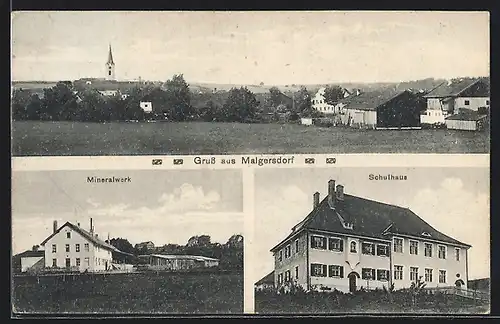 AK Malgersdorf, Mineralwerk, Schulhaus, Ortsansicht mit Kirche