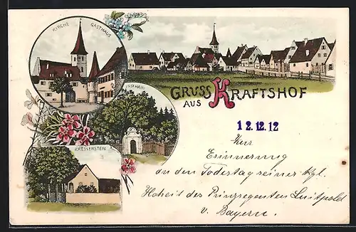 Lithographie Kraftshof, Gasthaus, Kirche, Irrhain, Kressenstein, Ortsansicht