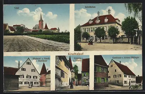 AK Kraftshof, Gasthaus v. Johann Döllinger, Bäckerei u. Handl. J. Dachlauer, Schlösschen, Eingang z. Kirche