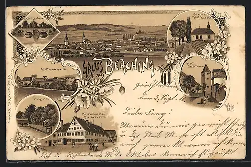 Lithographie Berching, Gossweinsche-Bierbrauerei, Mariahilf-Kapelle, Sulzinsel, Stadtmauer, Westl. Stadtturm