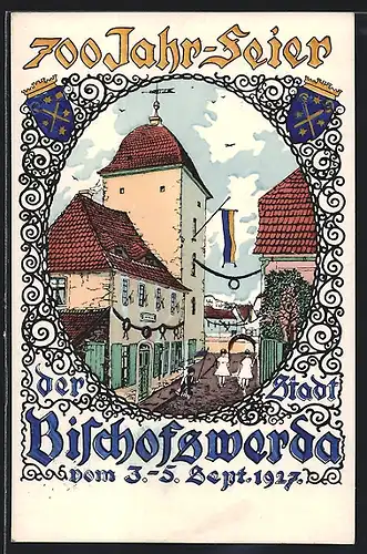 Künstler-AK Bischofswerda, 700-Jahrfeier der Stadt 1927, Strassenpartie mit Flaggenschmuck