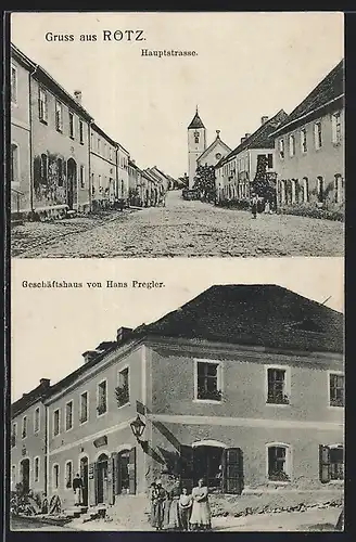 AK Rötz, Geschäftshaus von Hans Pregler, Hauptstrasse mit Kirche