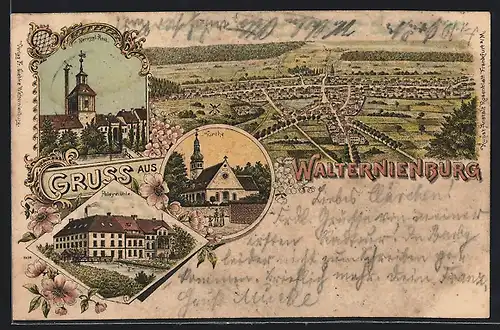 Lithographie Walternienburg, Poleymühle, Herzogl. Amt, Kirche, Ortsansicht aus der Vogelschau