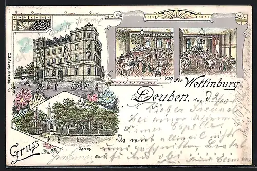 Lithographie Deuben, Restaurant zur Wettinburg v. Richard Pinkerr, Garten