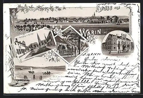 Lithographie Warin i. M., Hotel Eichler, Rathaus und Kirche, Wariner See, Mühle, Ortsansicht