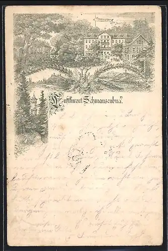 Vorläufer-Lithographie Schmausenbuck, 1893, Villa mit Anlagen, Aussichtsturm