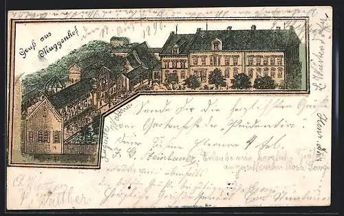 Lithographie Muggenhof, Gebäudeansicht aus der Vogelschau mit Innenansicht