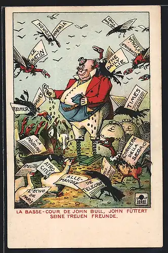 Künstler-AK La Basse, Cour de John Bull, John füttert seine treuen Freunde, Propaganda 1. Weltkrieg