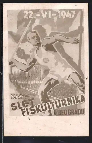 Künstler-AK Belgrad, Slet Fiskulturnika 22.06.1947, Speerwerfer
