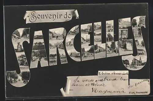 AK Sarcelles, Ansichten des Ortes in den Buchstaben des Ortsnamen