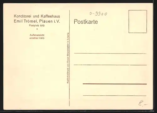 AK Plauen i. V., Konditorei und Kaffeehaus Emil Trömel