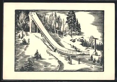 Künstler-AK Klingenthal, Grosse Aschbergschanze-XIV. Deutschen Skimeisterschaften 1963