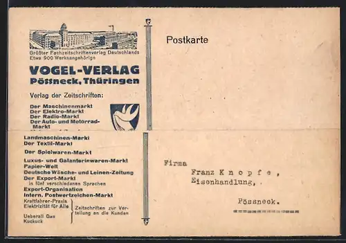 AK Pössneck /Thüringen, Geschäftskarte Vogel-Verlag