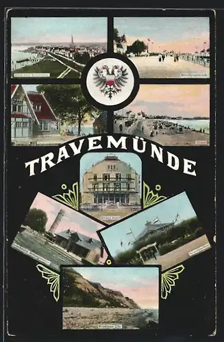 AK Travemünde, Strandpromenade, Seetempel, Stadtwappen