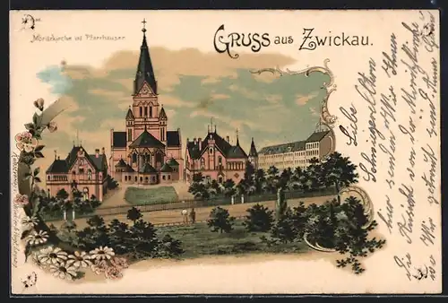 Lithographie Zwickau, Moritzkirche mit Pfarrhäuser