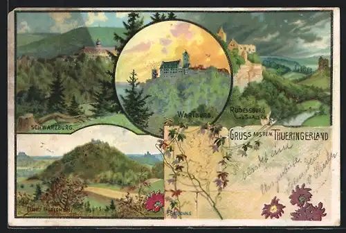 Lithographie Wartburg, Gesamtansichten von Rudelsburg, Schwarzburg und Drei Gleichen