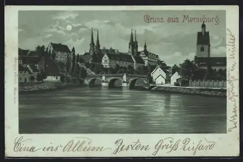 Lithographie Merseburg, Ortspartie mit Brücke