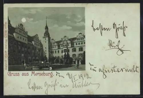 Mondschein-Lithographie Merseburg, Stadtplatz mit Kanonen