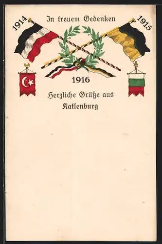 AK Katlenburg, In treuem Gedenken 1914-1916 mit Fahnen