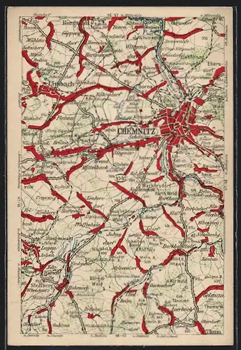 AK Chemnitz, geografische Karte Chemnitz und Umgebung