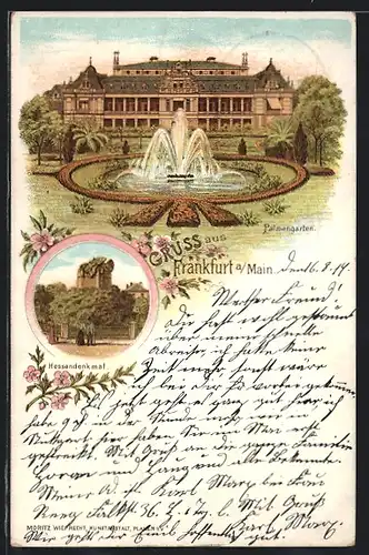 Lithographie Frankfurt-Westend, Palmengarten mit Springbrunnen, Hessendenkmal