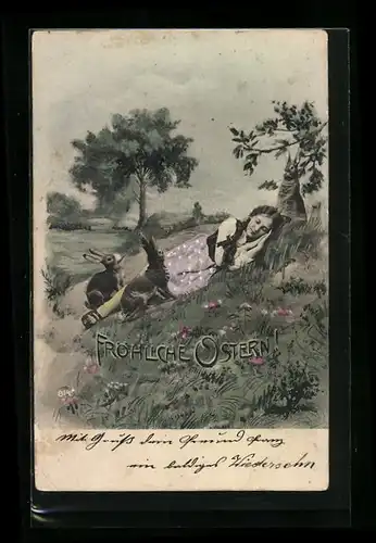 AK Schlafendes Kind neben Osterhasen