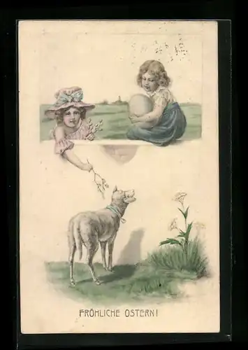 AK Kinder mit Lämmchen zu Ostern