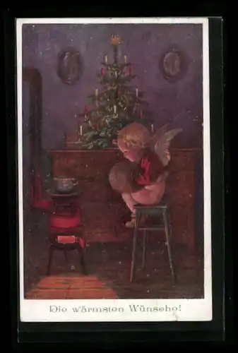 AK Kleiner Engel wärmt sich am Ofen