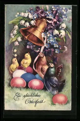 AK Osterküken neben Hühnern zum Feste