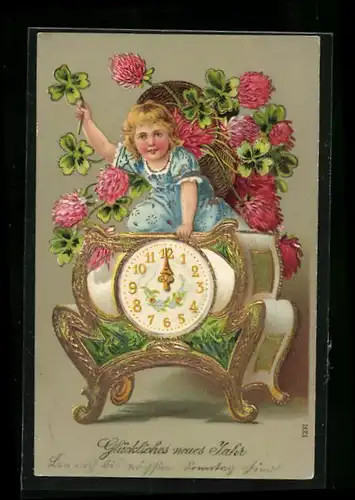 AK Kind mit Kleeblatt und Uhr zu Mitternacht