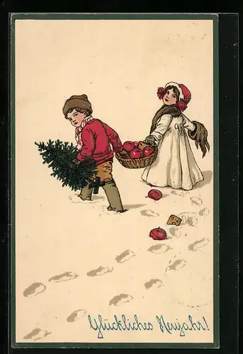 AK Glückliches Neujahr, Kinder im Schnee mit Korb voller Äpfeln