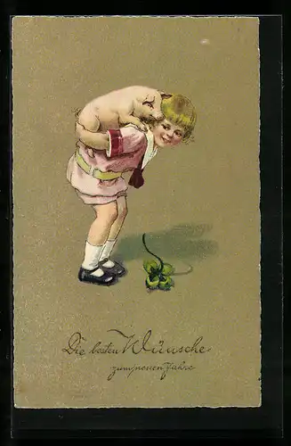 AK Mädchen trägt Schwein Huckepack, Kleeblatt