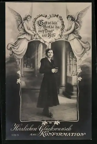 AK Dame mit Schutzengeln zur Konfirmation