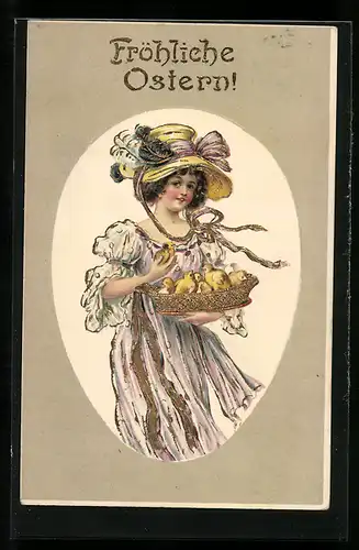 AK Dame mit Osterküken im Körbchen