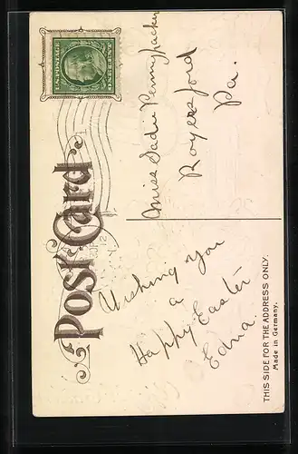 AK Osterküken in Eierschale mit Veilchen