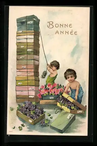 AK Kinder mit Geschenkkisten zu Neujahr