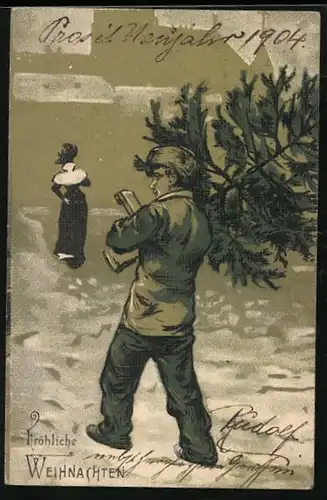 Künstler-AK Fröhliche Weihnachten, Junges Paar mit Weihnachtsbaum