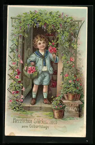 AK Kleiner Junge im Matrosenanzug mit Blumenkorb, Glückwunsch zum Geburtstag