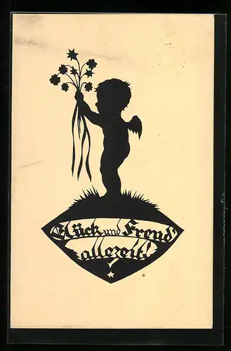 AK Engel mit Blumenstrauss, Scherenschnitt