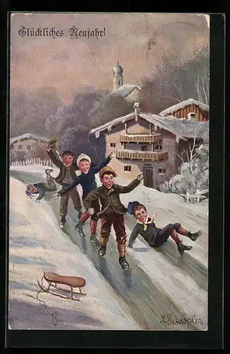 Künstler-AK Kinder rutschen vereiste Strasse hinunter