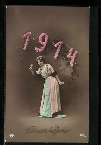 AK Jahreszahl 1914, Dame mit Sektglas