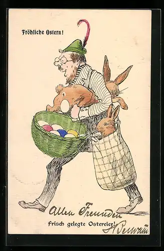 AK Herr in Tracht mit Osterhasen