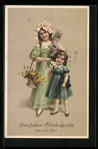 AK Kinder mit Blumen zu Neujahr