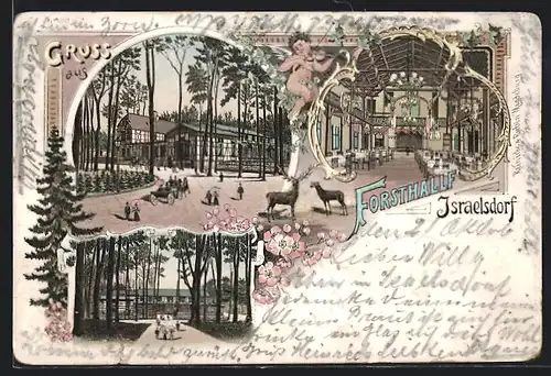 Lithographie Israelsdorf, Gasthaus Forsthalle mit Strasse und Saal, Musizierender Engel