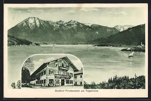 AK Finsterwald am Tegernsee, Panorama mit Bergen, Gasthof Finsterwald