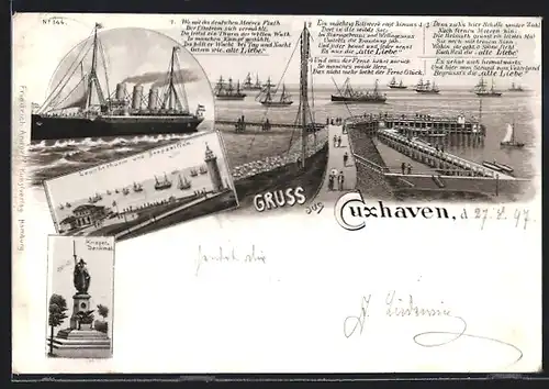 Lithographie Cuxhaven, Leuchtthurm und Seepavillon, Krieger-Denkmal