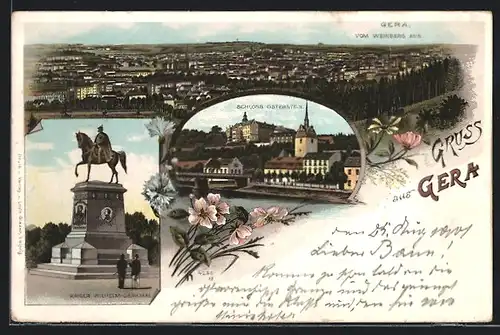 Lithographie Gera, Kaiser Wilhelm-Denkmal, Schloss Osterstein, Totalansicht